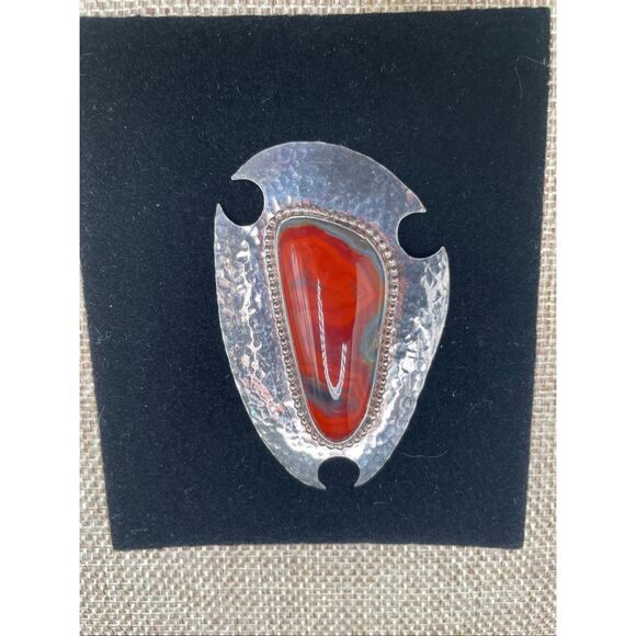 Handcrafted Sterling Silver Shield Pendant w/ Red Agate – Signed 2010 - Picture 1 of 6